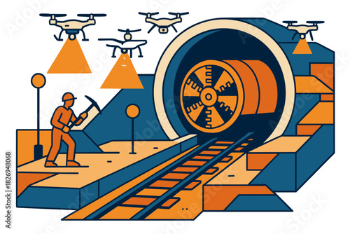 Futuristic tunnel construction with engineering drones and worker