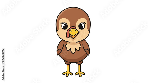 Adorable cartoon baby turkey character standing still.