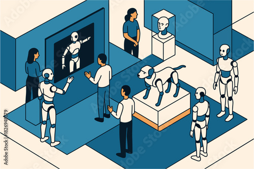 Exploring human and robot interaction in a futuristic isometric art gallery