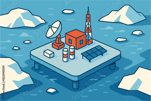 Remote arctic research base with solar panels and satellite dishes on floating platform