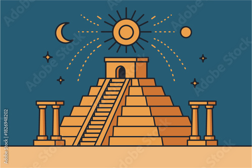 Ancient pyramid with celestial elements in linear style