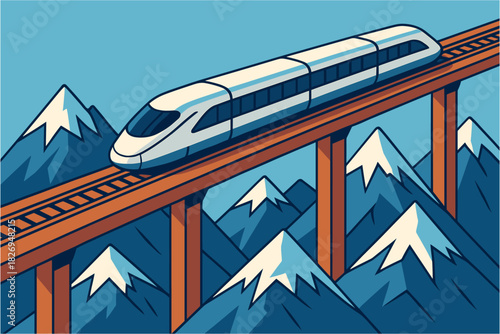 High speed train on elevated railway with snowy mountain landscape in retro style