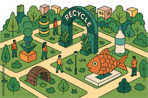 Sustainable urban park with recycling sculptures and green pathways