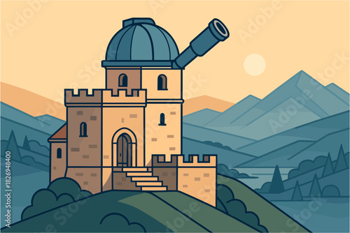 Observatory on hill with scenic mountain background in flat design at dusk
