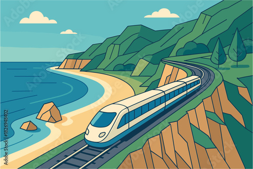 Coastal train journey through scenic mountain landscape in flat style
