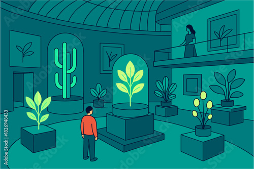Modern botanical exhibition with neon plants in art gallery setting