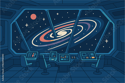 Futuristic spacecraft interior with starry galaxy view through large windows