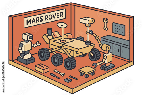 Mars rover workshop with robots in isometric style