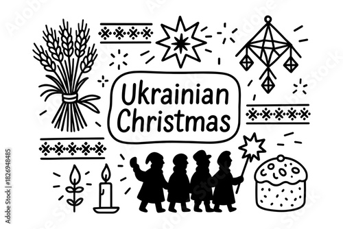 Ukrainian christmas traditions: kolach bread, carolers, and festive decorations in black and white silhouette