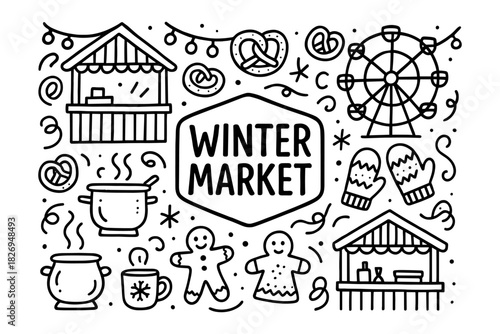 Winter market doodles featuring gingerbread, ferris wheel, and cozy mittens