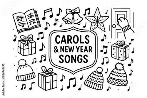 Festive carols and new year songs: holiday music and celebration icons
