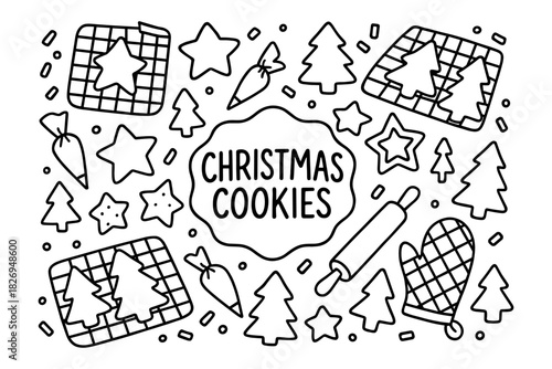Festive christmas cookie coloring page featuring trees and stars