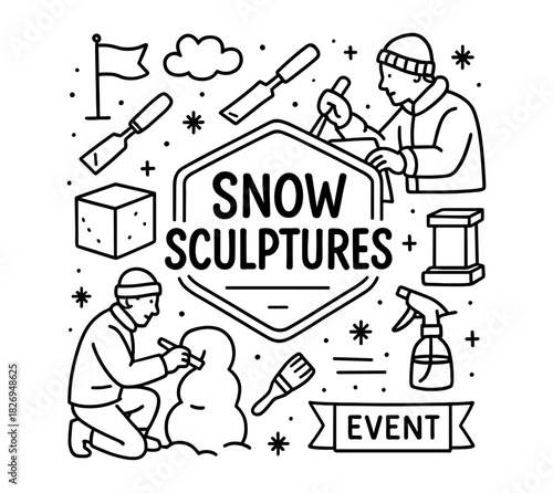 Winter snow sculptures event: creative line art design with tools and artists