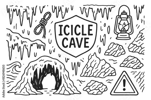 Icicle cave adventure: black and white doodle art with lanterns and rocks