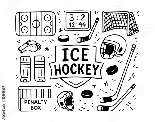 Ice hockey doodle art: helmets, sticks, and penalty box elements with scoreboard