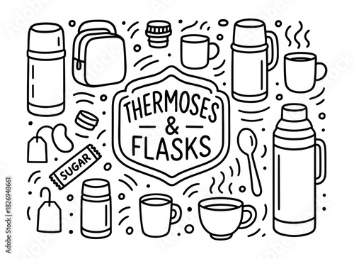 Hand drawn doodle of thermoses and flasks with hot drinks and accessories