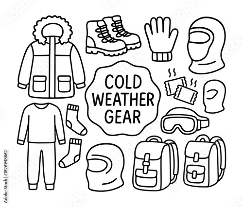 Essential cold weather gear set in linear style for winter adventures