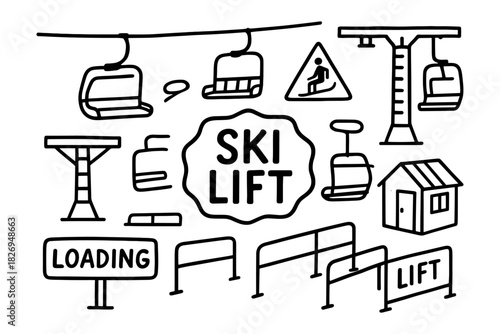 Ski lift doodles: fun and playful winter sports design elements