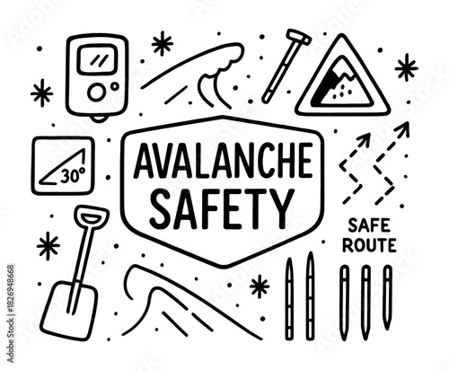 Avalanche safety equipment and guidelines in black and white design