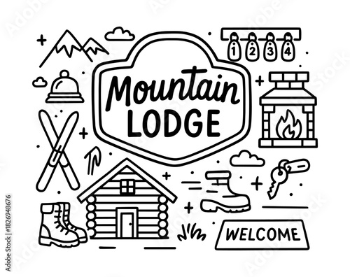 Cozy mountain lodge emblem with rustic elements and outdoor gear in linear style