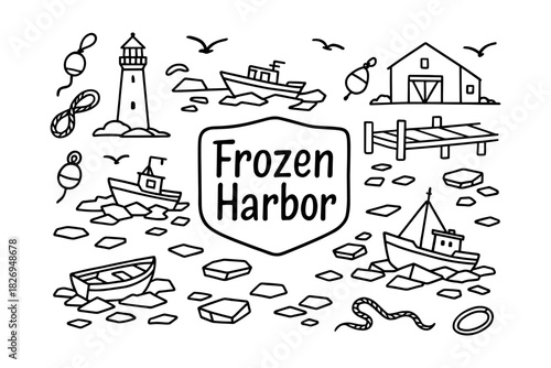 Frozen harbor scene with boats and lighthouse in black and white doodle style