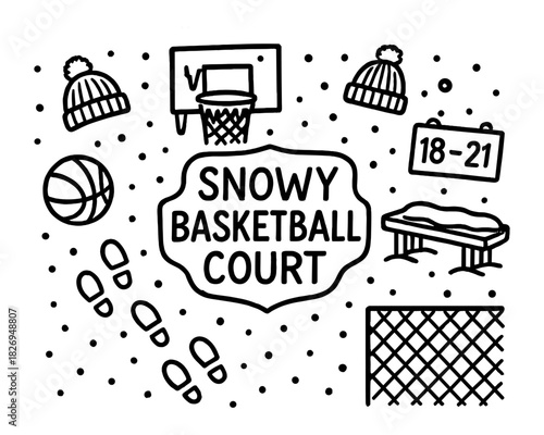 Snowy basketball court in winter doodle with bench, hoops, and winter gear