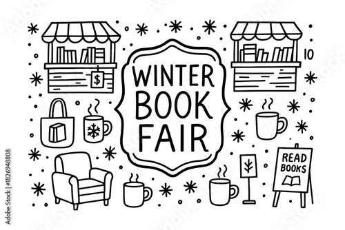 Winter book fair design with cozy coffee and reading elements in doodle style