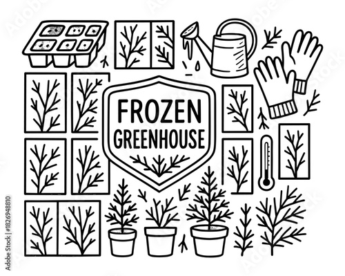 Frozen greenhouse icon set with plants and gardening tools in linear style