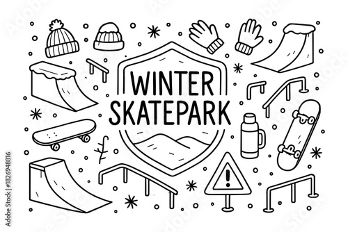 Winter skatepark doodle: fun elements with ramps, skateboards, and snowflakes