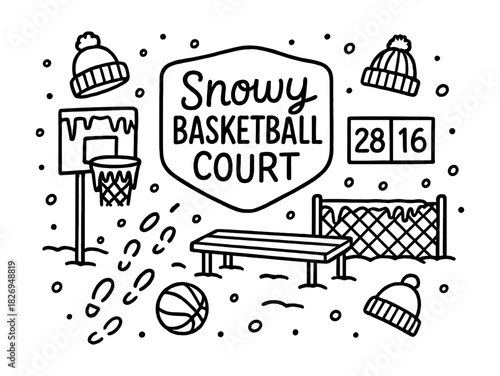 Winter basketball court with snow and cozy hats - black and white doodle art