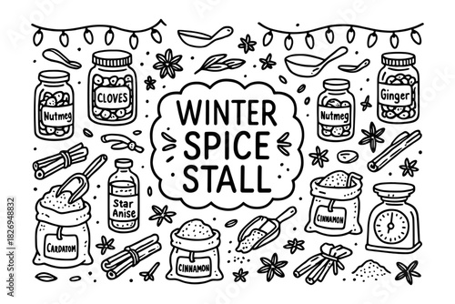 Winter spice stall doodle art with seasonal herbs and condiments