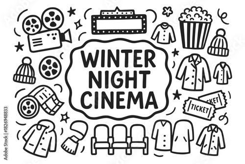 Winter night cinema doodle with film, popcorn, and cozy clothing elements