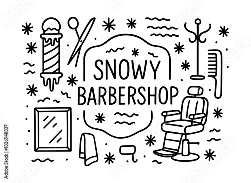 Winter-themed barber shop elements in linear style with snowflakes and tools