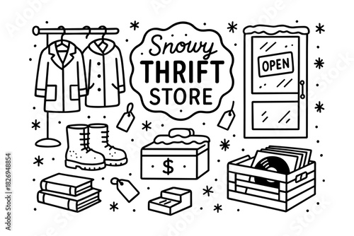 Cozy thrift store winter sale with vintage items and snow theme in linear style