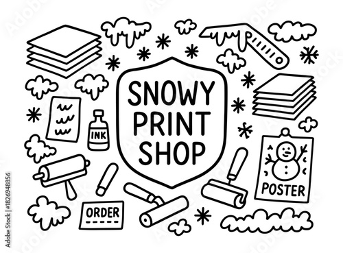 Snowy print shop elements with ink, roller, and winter-themed graphics