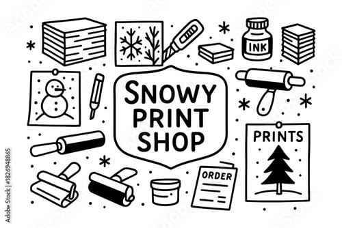 Snowy print shop icons: winter craft supplies for creative printing projects