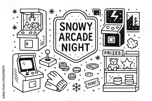 Retro winter arcade fun: nighttime gaming adventure with snowy elements