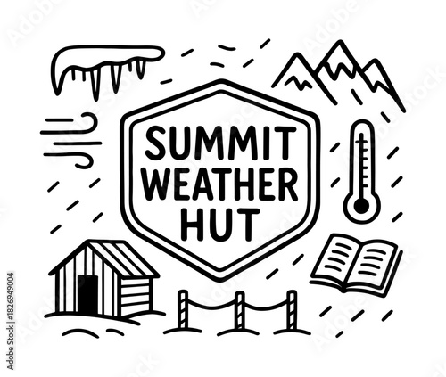 Summit weather hut badge with mountains, thermometer, and cabin in linear style
