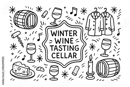 Winter wine tasting cellar doodle with cheese, glasses, coats, and barrels