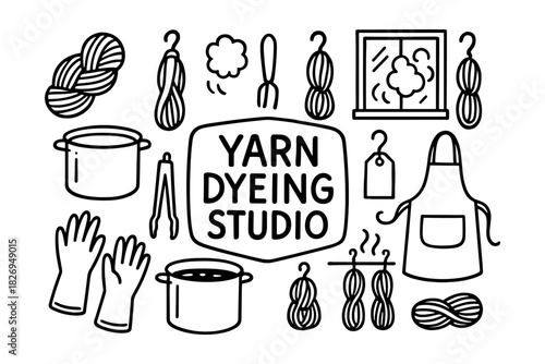 Yarn dyeing studio elements with pots, skeins and tools in linear design