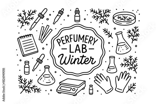 Perfumery lab winter elements with hand drawn style icons and tools