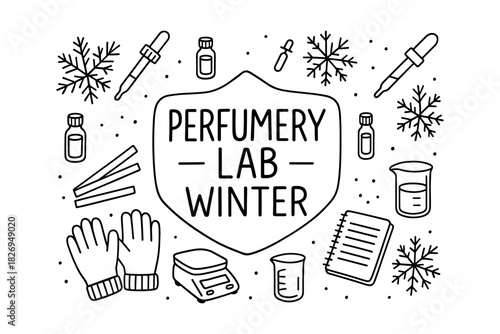 Winter perfumery lab elements with snowflakes and tools in linear style