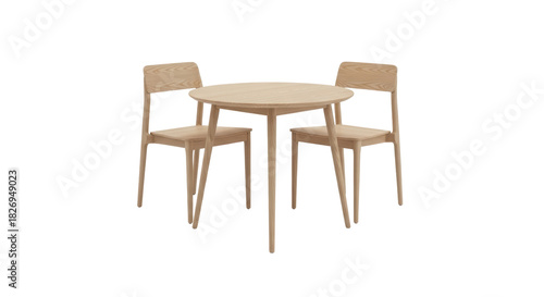 Light wood dining table with two chairs isolated PNG, modern furniture set for kitchen or dining room on transparent background