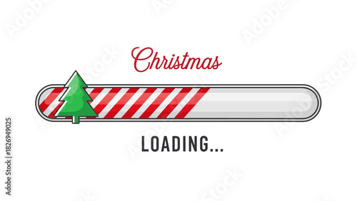 Christmas loading bar with a festive tree and candy cane stripes.