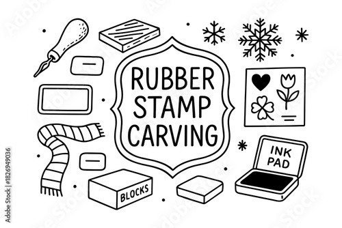 Handcrafted rubber stamp carving kit with tools and ink pad in doodle style
