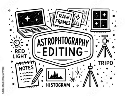 Astrophotography editing elements with doodle style icons for creative projects