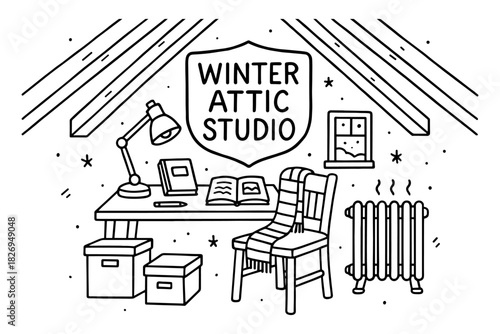 Cozy workspace in winter attic studio with desk, lamp, and radiator