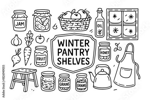 Hand-drawn winter pantry items with preserved goods and kitchen essentials