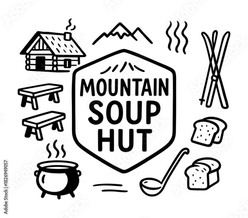 Cozy mountain soup hut emblem with rustic cabin and ski gear elements