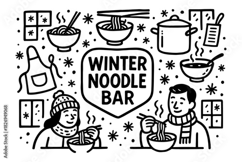 Winter noodle bar theme in black and white with cozy elements